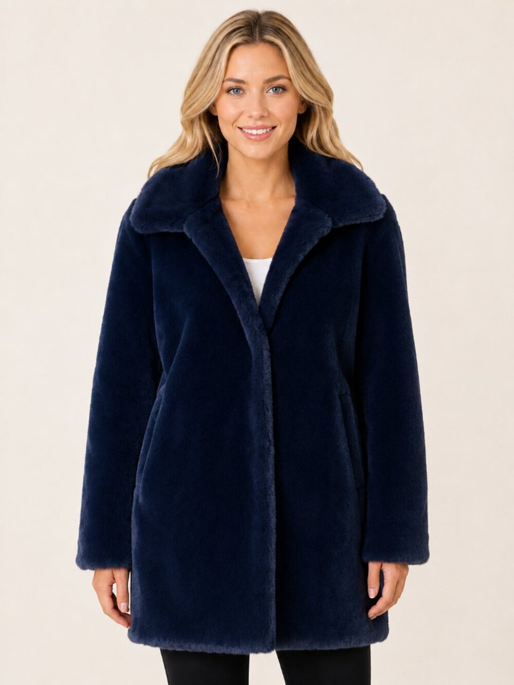 Simply Vera Vera Wang Navy Faux Fur Coat XS Plush Ultra Soft Longline Winter NEW